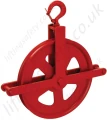 Western gin wheel blocks with drop forged swivel latch hooks for manila rope.