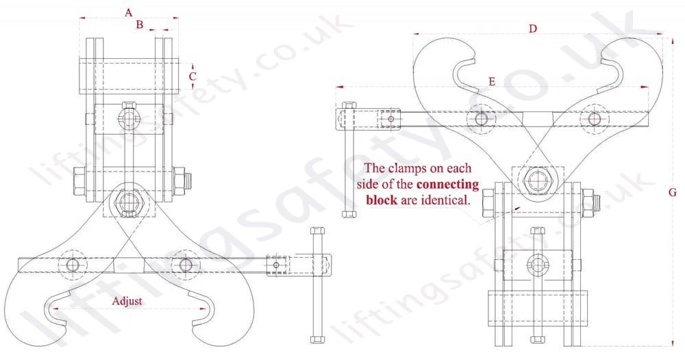 Double Ended Monorail Construction Clamp Dimensions