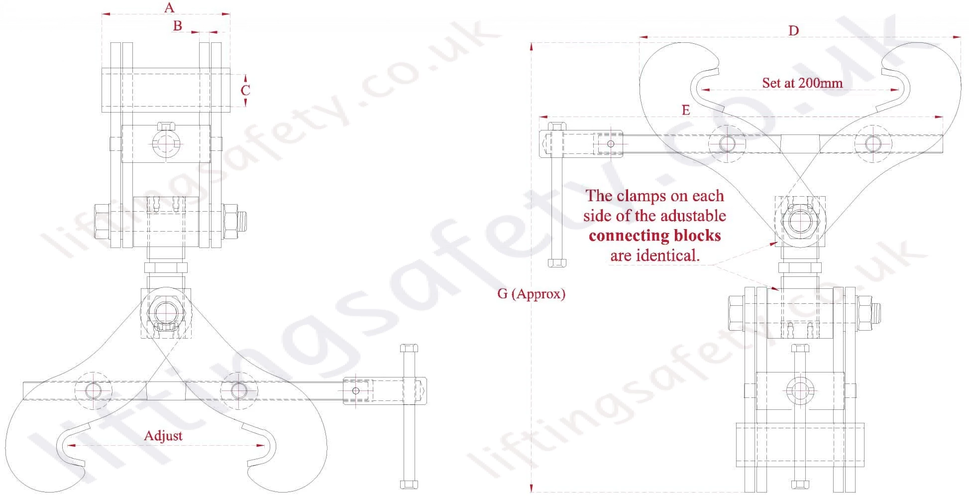 Adjustable Height Double Ended Monorail Construction Clamp Dimensions