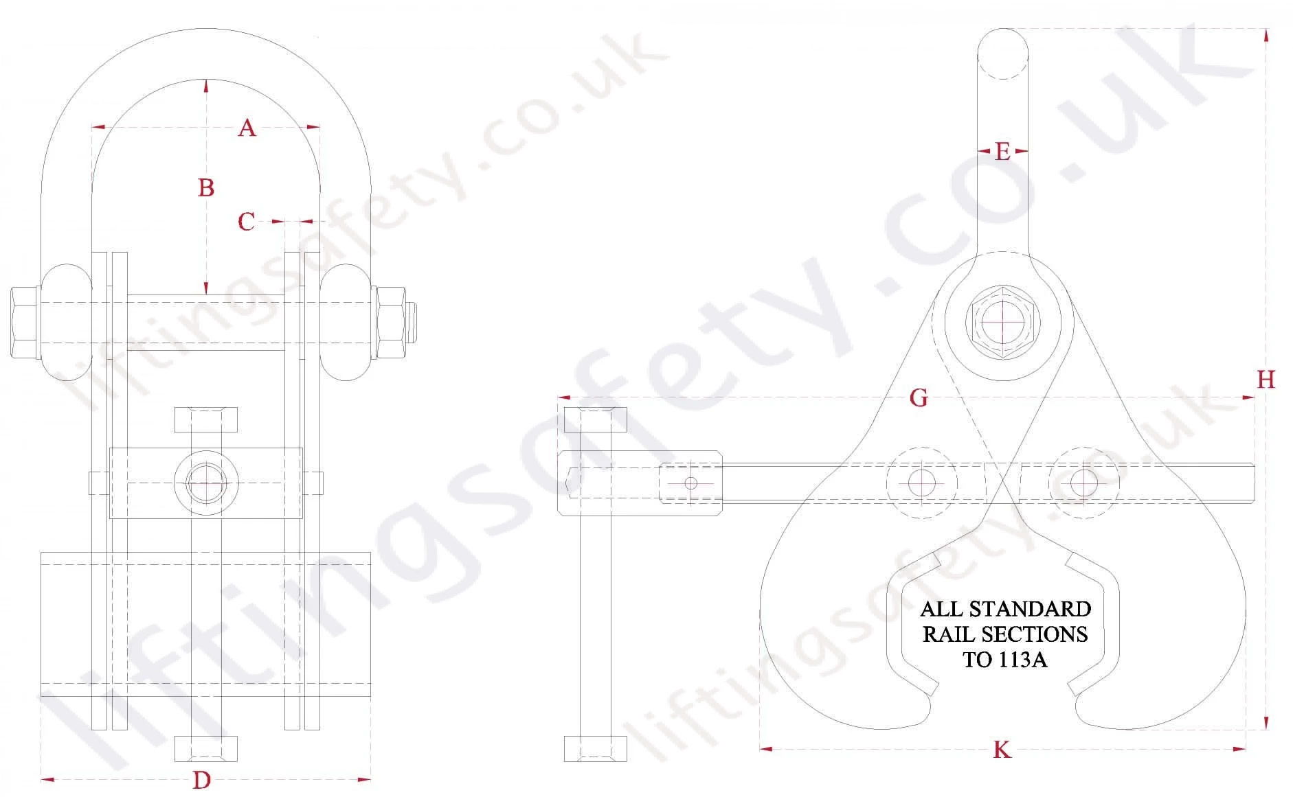 Superclamp Adjustable Rail Lifting Clamp Dimensions