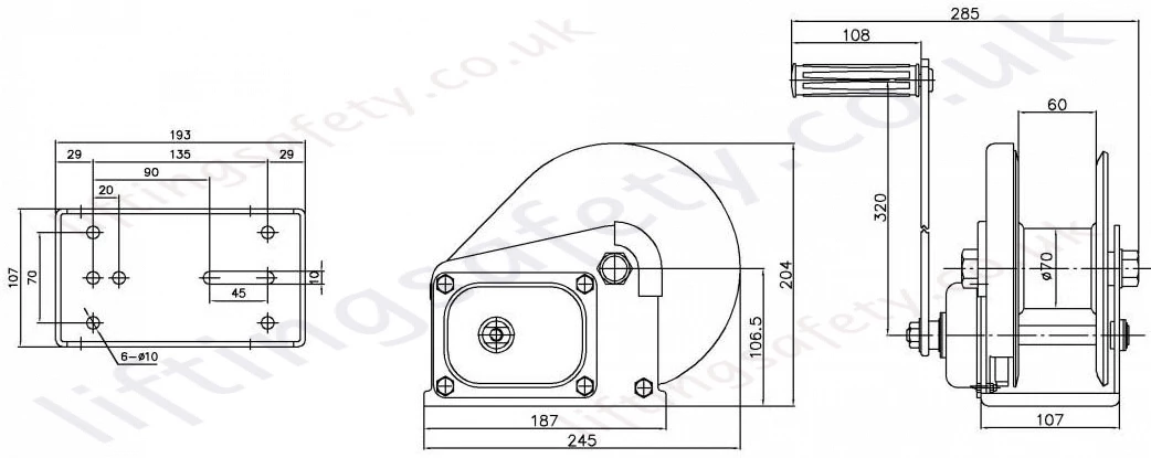 Tiger BHW1800 Windlift Hand Winch Dimensions