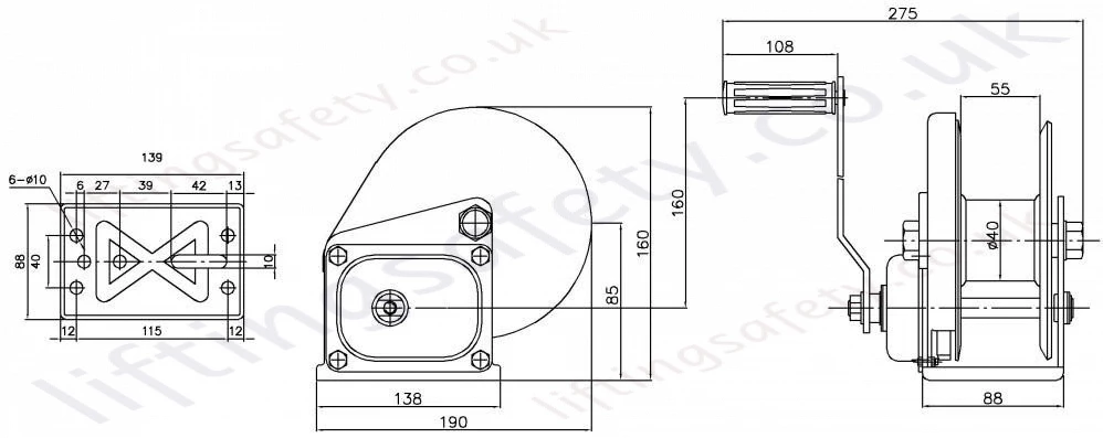 Tiger BHW800 Windlift Hand Winch Dimensions