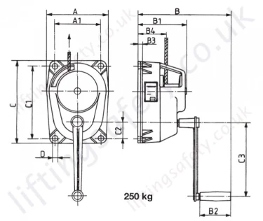 Hadef 199 75 Aluminium Wirerope Winch 250kg Dimensions